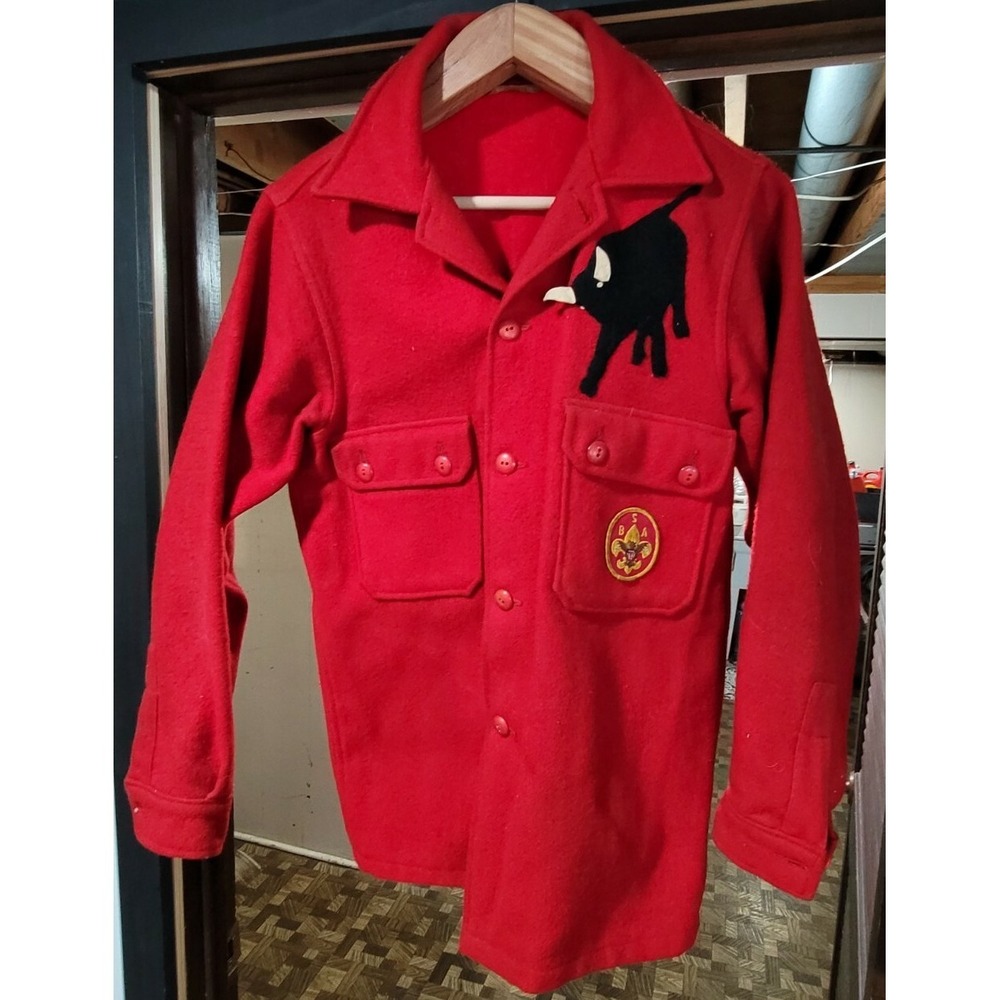 VINTAGE ORIGINAL OFFICIAL 1950'S BSA BOY SCOUTS RED WOOL JACKET BLACK BULL PATCH
